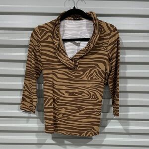 J. McLaughlin Tan and Brown Zebra-Print Cowl Neck Top